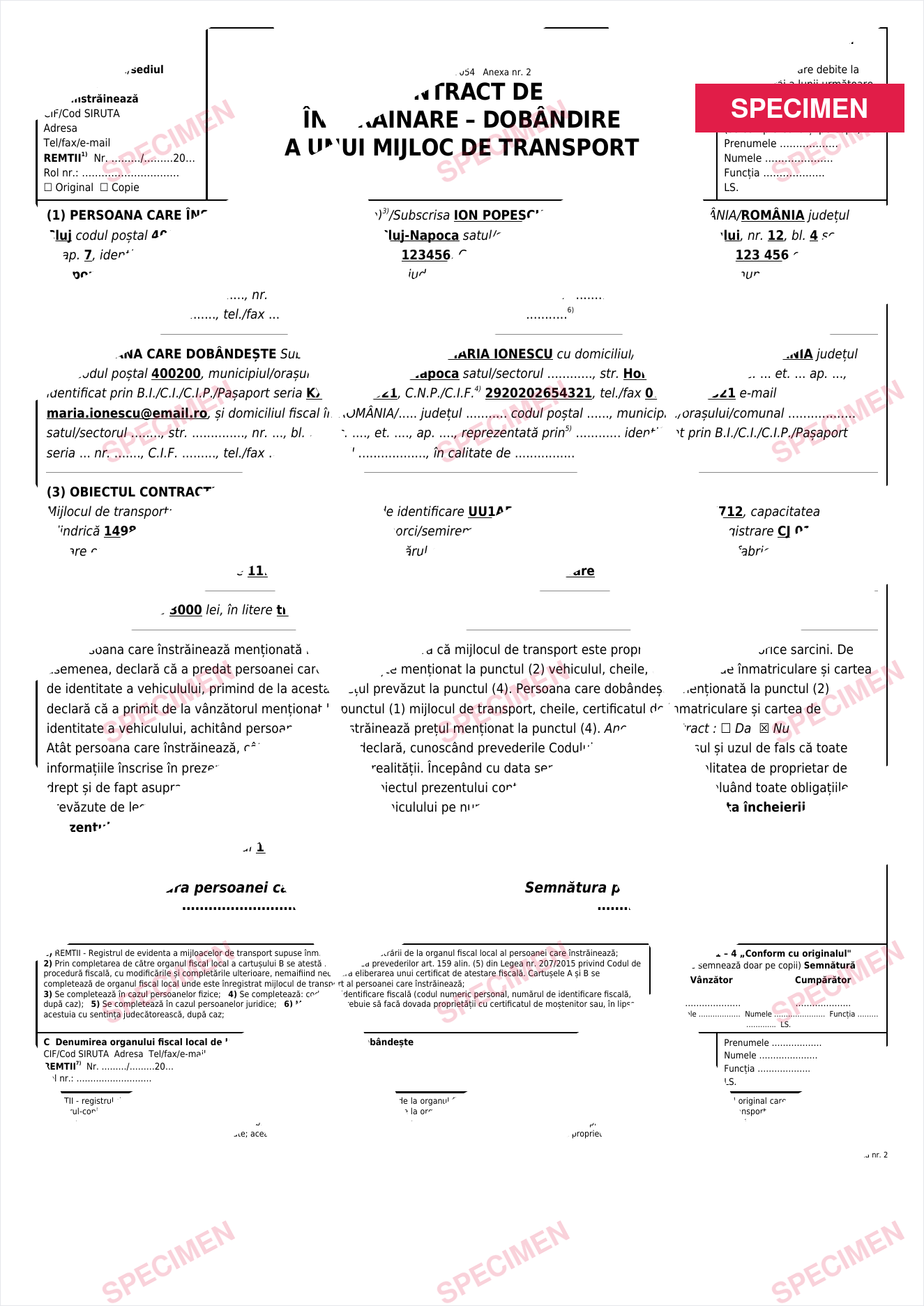 Specimen contract auto de vânzare-cumpărare – previzualizare